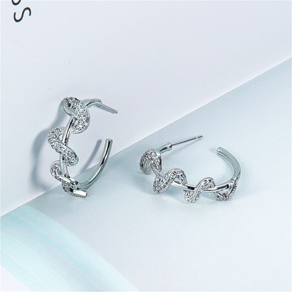 Silver Pave Crystal Snake Hoop Earrings - Picture 2 of 5